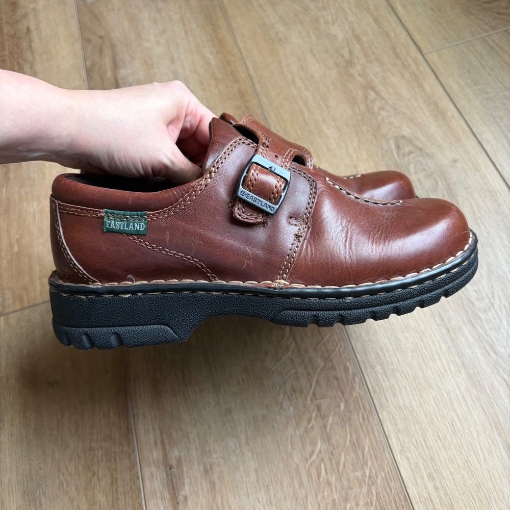 Eastland Sz 8.5 Brown Leather Monk Strap Loafers Y2K Center Seam Lug Sole Shoes - Picture 7 of 7
